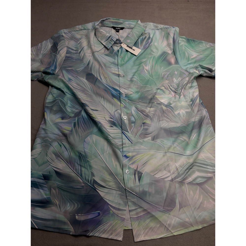 Ouku Mens XL Short Sleeve Button Down Shirt Green Teal Feather Print NWT